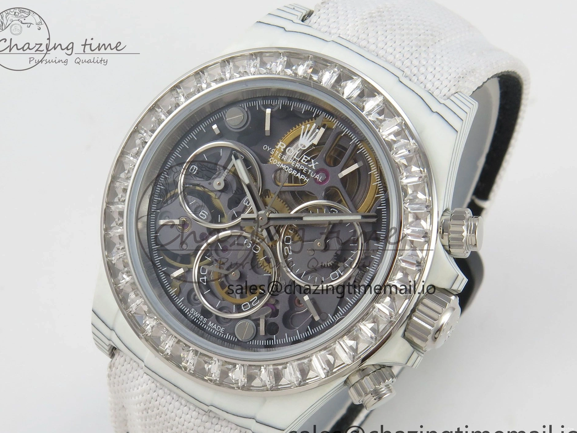 MiroTime 0301 Daytona Cosmograph White Carbon MPF Best Blaken Skeleton Dial on White Nylon Strap A FreshLook 314